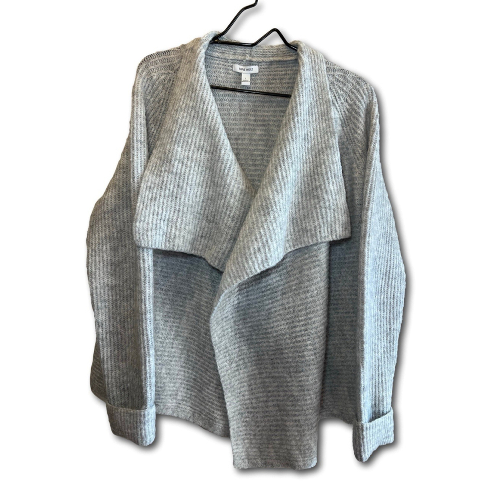 Nine West Women's Wool Blend Gray Open Cardigan Sweather Waterfall Size Large